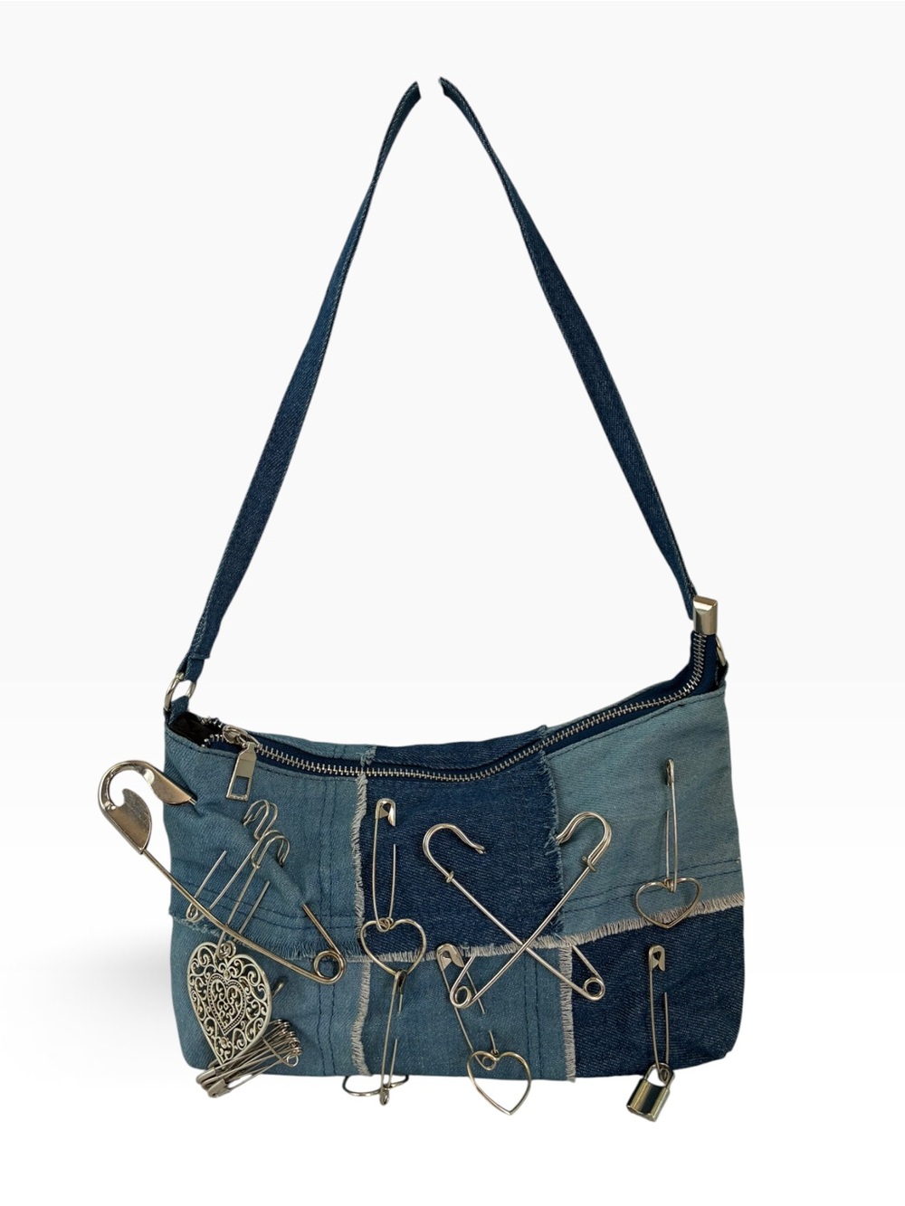 Denim Patchwork Shoulder Bag with Heart & Safety Pin Accents